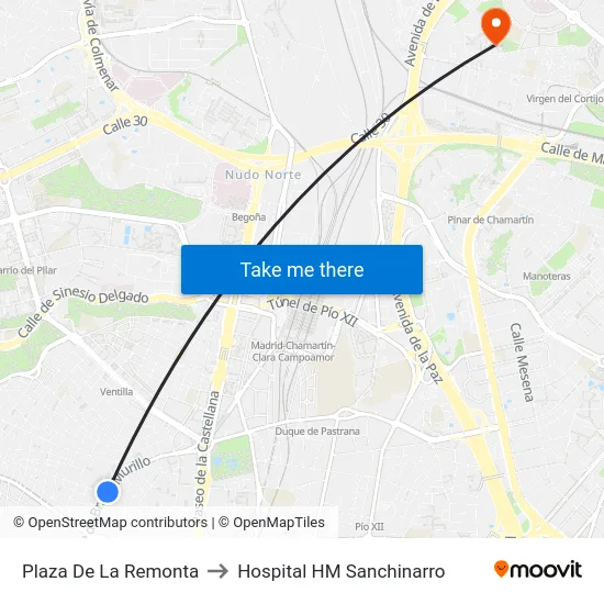 Plaza De La Remonta to Hospital HM Sanchinarro map