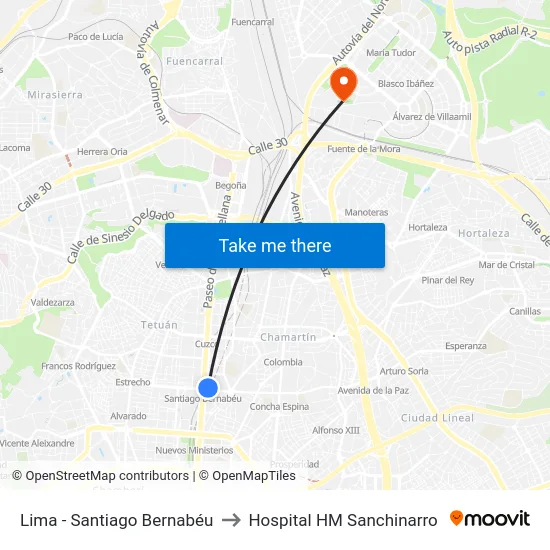 Lima - Santiago Bernabéu to Hospital HM Sanchinarro map