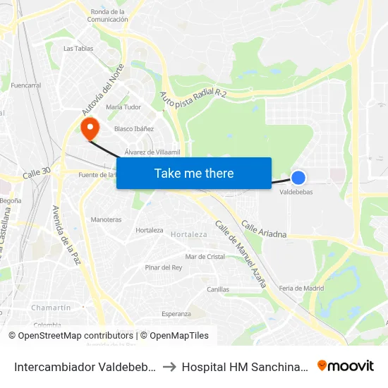 Intercambiador Valdebebas to Hospital HM Sanchinarro map