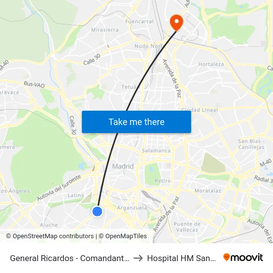 General Ricardos - Comandante Fontanes to Hospital HM Sanchinarro map