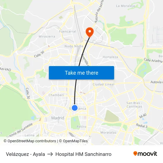 Velázquez - Ayala to Hospital HM Sanchinarro map