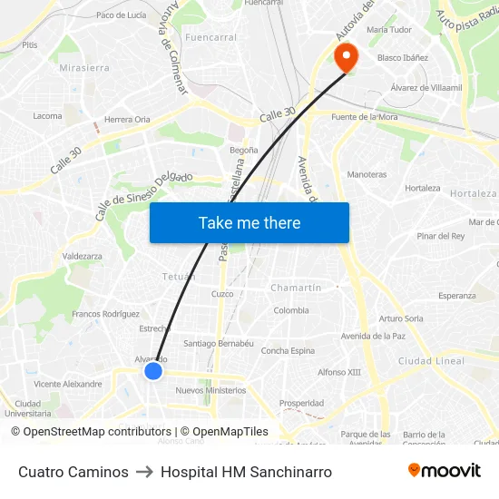 Cuatro Caminos to Hospital HM Sanchinarro map