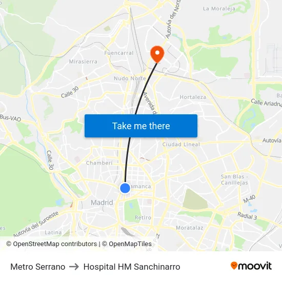 Metro Serrano to Hospital HM Sanchinarro map