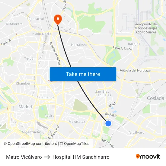 Metro Vicálvaro to Hospital HM Sanchinarro map
