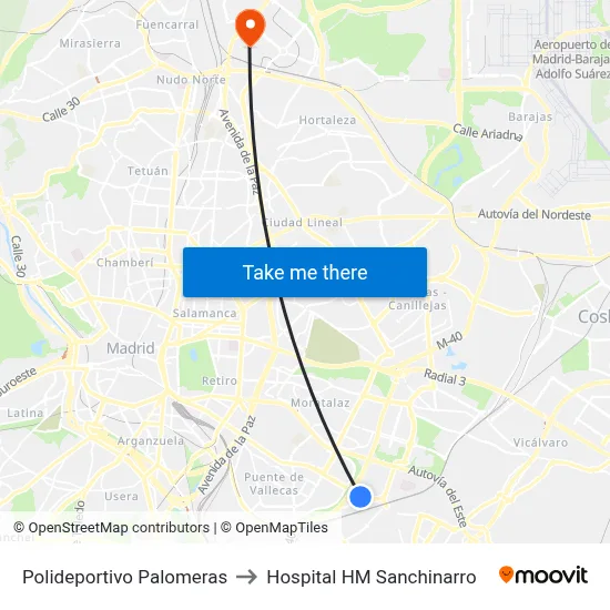 Polideportivo Palomeras to Hospital HM Sanchinarro map