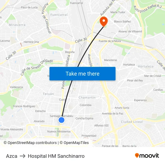Azca to Hospital HM Sanchinarro map