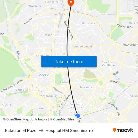 Estación El Pozo to Hospital HM Sanchinarro map