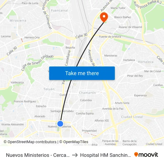 Nuevos Ministerios - Cercanías to Hospital HM Sanchinarro map