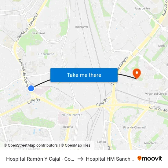 Hospital Ramón Y Cajal - Consultas to Hospital HM Sanchinarro map