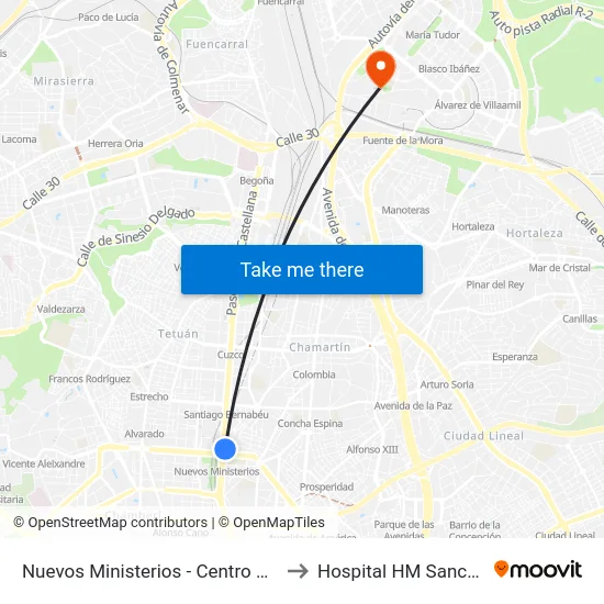 Nuevos Ministerios - Centro Comercial to Hospital HM Sanchinarro map