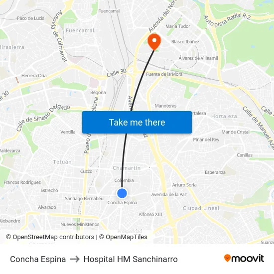 Concha Espina to Hospital HM Sanchinarro map