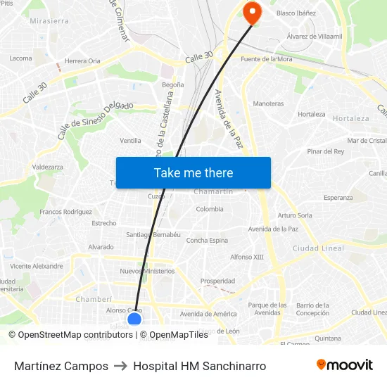 Martínez Campos to Hospital HM Sanchinarro map