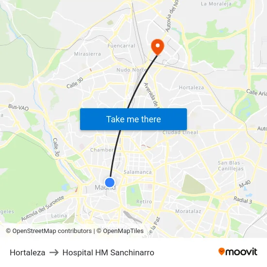Hortaleza to Hospital HM Sanchinarro map