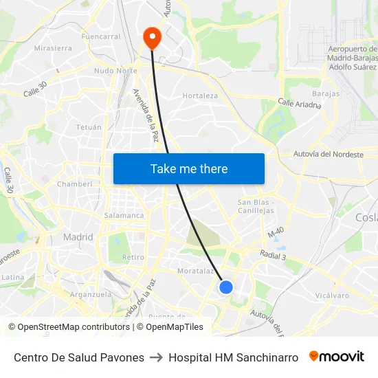 Centro De Salud Pavones to Hospital HM Sanchinarro map