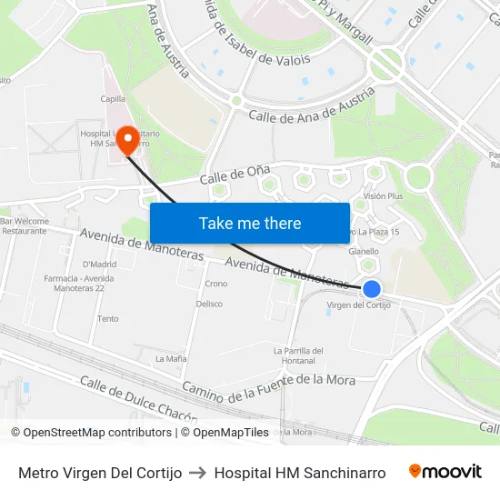 Metro Virgen Del Cortijo to Hospital HM Sanchinarro map