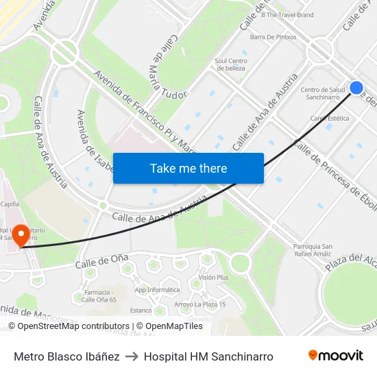 Metro Blasco Ibáñez to Hospital HM Sanchinarro map