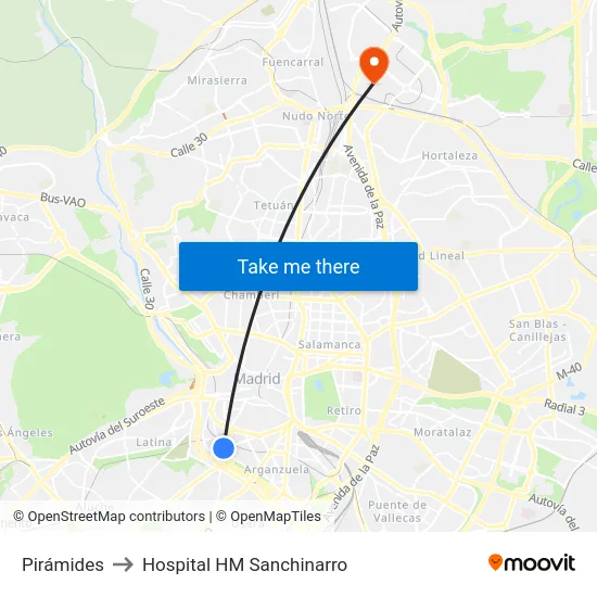 Pirámides to Hospital HM Sanchinarro map