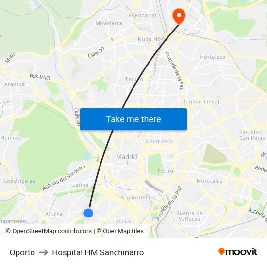 Oporto to Hospital HM Sanchinarro map