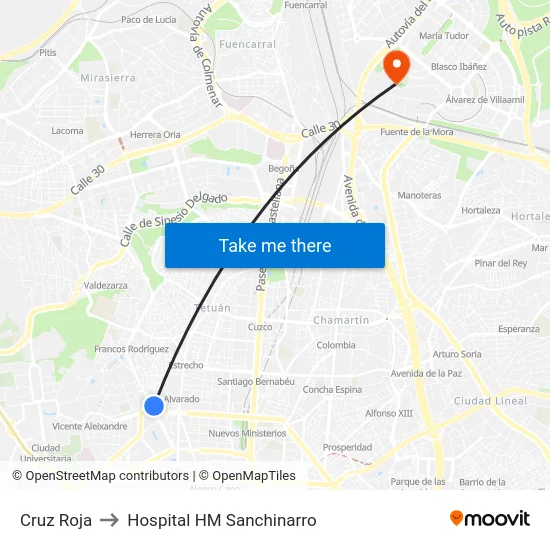Cruz Roja to Hospital HM Sanchinarro map