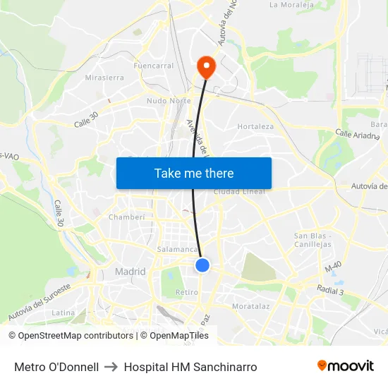 Metro O'Donnell to Hospital HM Sanchinarro map