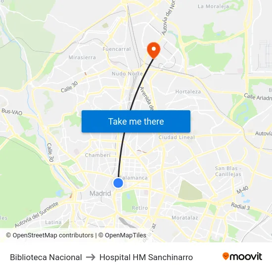 Biblioteca Nacional to Hospital HM Sanchinarro map