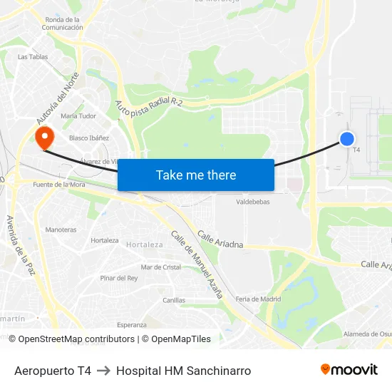 Aeropuerto T4 to Hospital HM Sanchinarro map