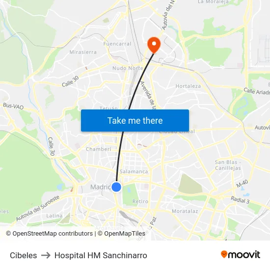 Cibeles to Hospital HM Sanchinarro map