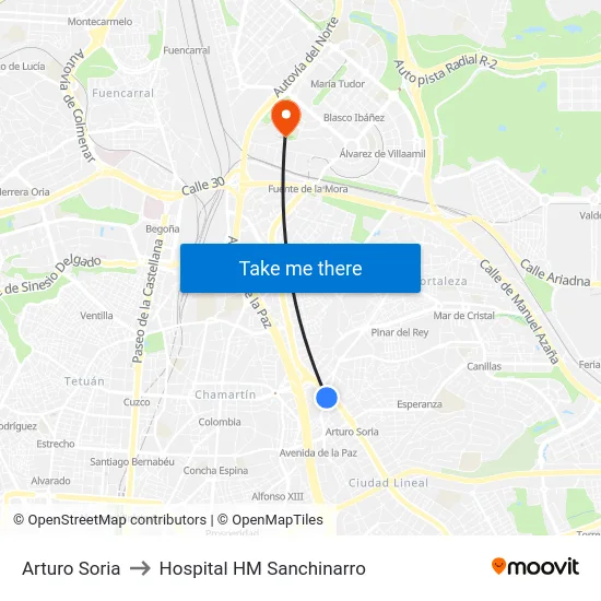 Arturo Soria to Hospital HM Sanchinarro map