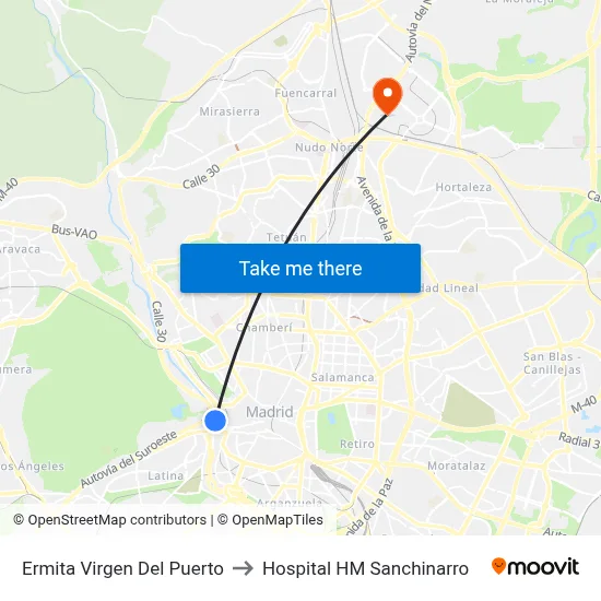 Ermita Virgen Del Puerto to Hospital HM Sanchinarro map