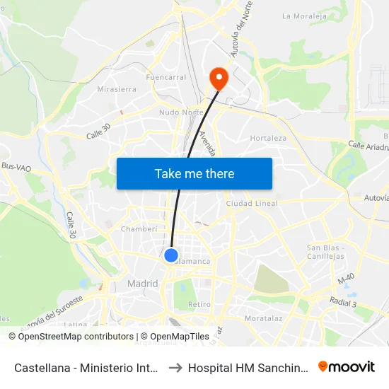 Castellana - Ministerio Interior to Hospital HM Sanchinarro map