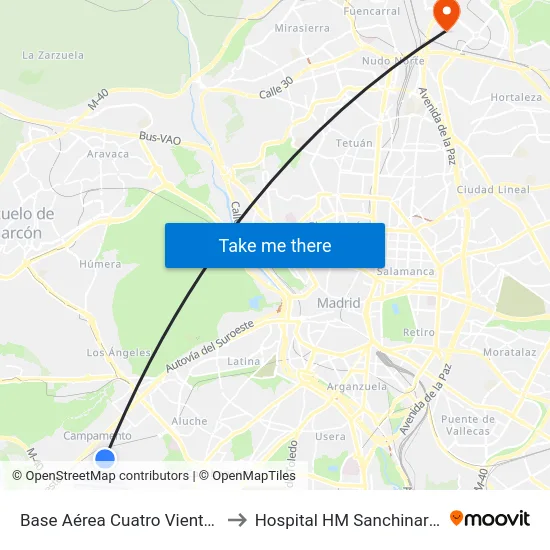 Base Aérea Cuatro Vientos to Hospital HM Sanchinarro map