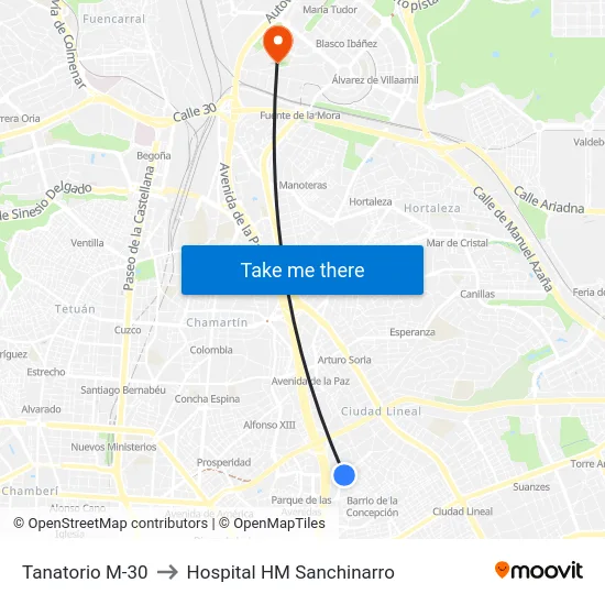Tanatorio M-30 to Hospital HM Sanchinarro map