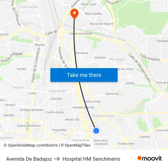 Avenida De Badajoz to Hospital HM Sanchinarro map