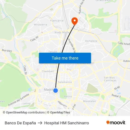 Banco De España to Hospital HM Sanchinarro map