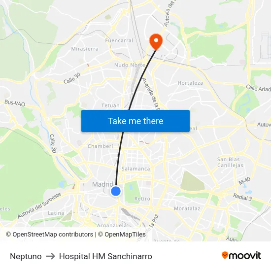 Neptuno to Hospital HM Sanchinarro map