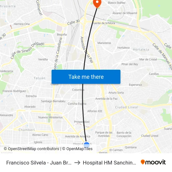 Francisco Silvela - Juan Bravo to Hospital HM Sanchinarro map
