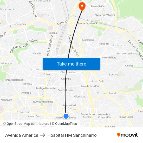 Avenida América to Hospital HM Sanchinarro map