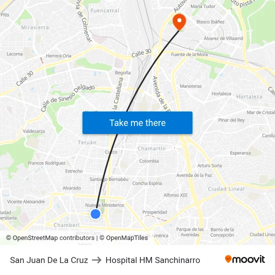 San Juan De La Cruz to Hospital HM Sanchinarro map