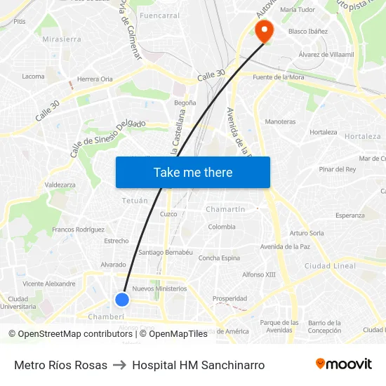 Metro Ríos Rosas to Hospital HM Sanchinarro map