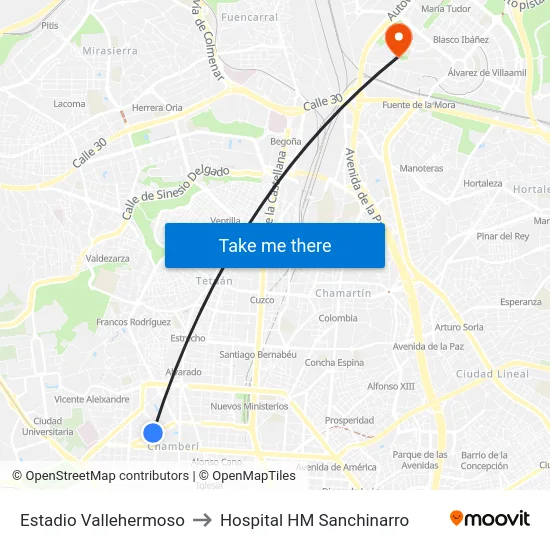 Estadio Vallehermoso to Hospital HM Sanchinarro map