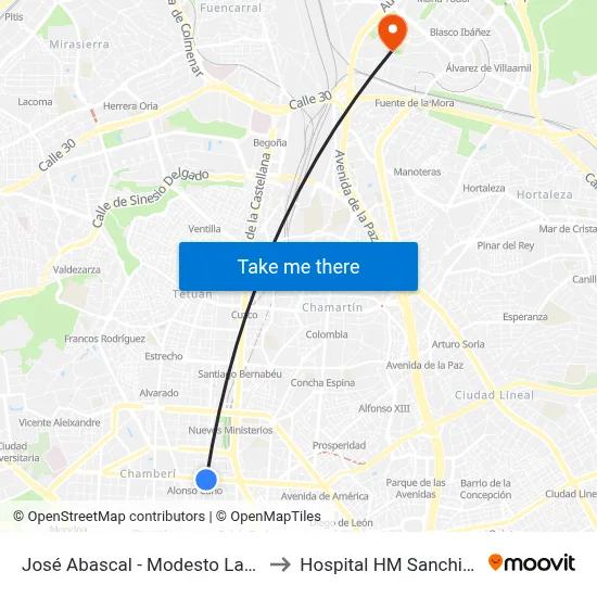 José Abascal - Modesto Lafuente to Hospital HM Sanchinarro map