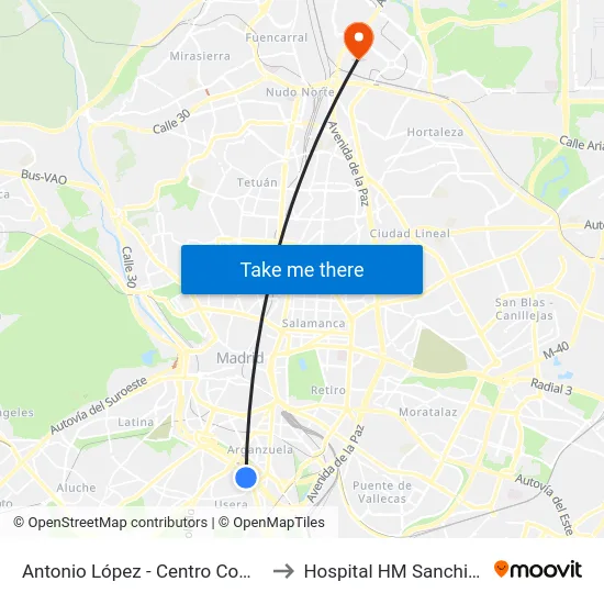 Antonio López - Centro Comercial to Hospital HM Sanchinarro map