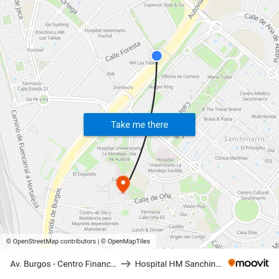 Av. Burgos - Centro Financiero to Hospital HM Sanchinarro map