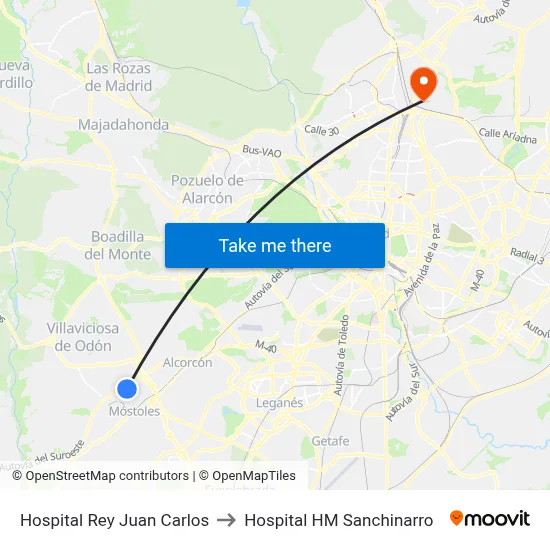 Hospital Rey Juan Carlos to Hospital HM Sanchinarro map
