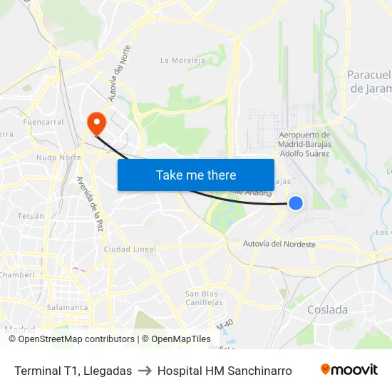 Terminal T1, Llegadas to Hospital HM Sanchinarro map