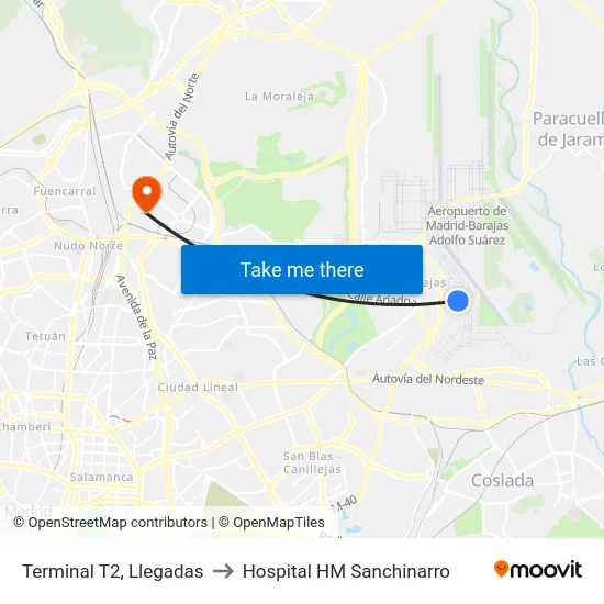 Terminal T2, Llegadas to Hospital HM Sanchinarro map
