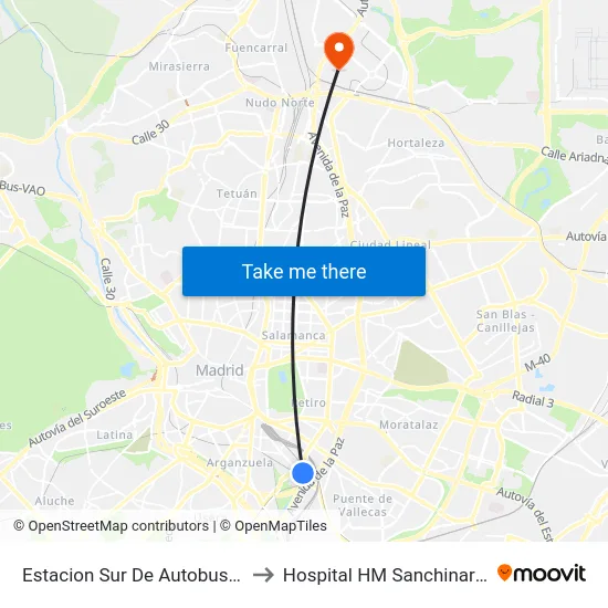 Estacion Sur De Autobuses to Hospital HM Sanchinarro map