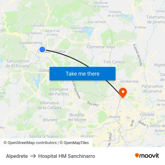 Alpedrete to Hospital HM Sanchinarro map