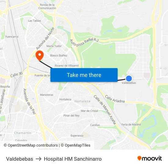 Valdebebas to Hospital HM Sanchinarro map
