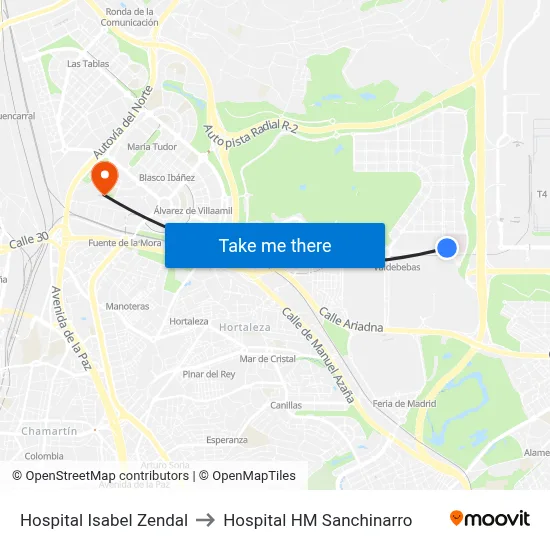 Hospital Isabel Zendal to Hospital HM Sanchinarro map